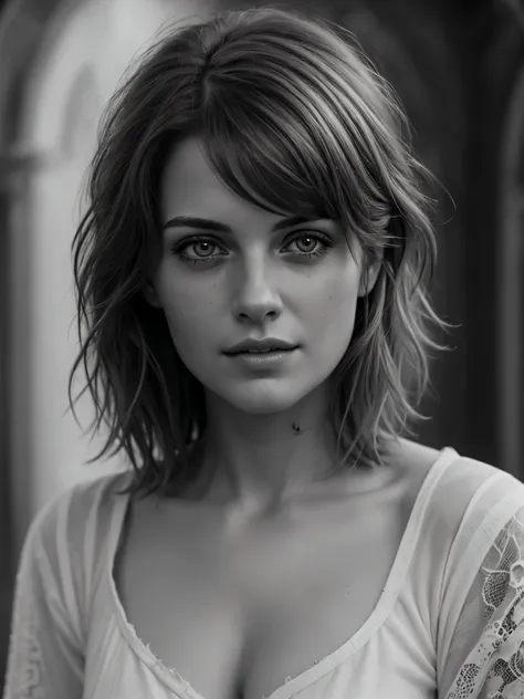 Photorealistic, Masterpiece photo in shades of gray, woman with disheveled hair and bad torn clothes, Cute sexy, (detailed medieval background), ultra sharp focus, Detailed Face, (((Posing))),  Random hair color, Short hair, Beautiful eyes, full - body, hi...