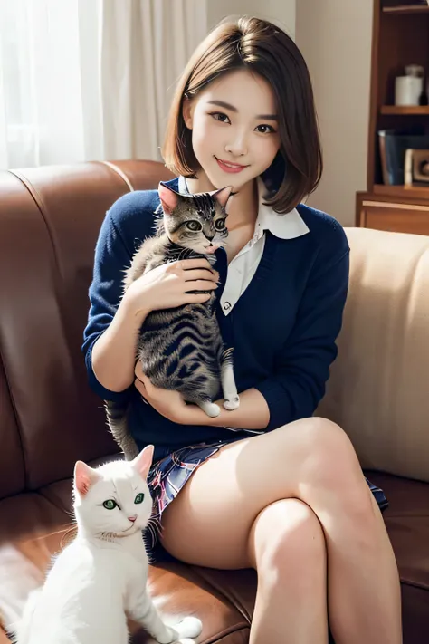 1womanl、(beauitful face:1.5)、(Sitting on the sofa at home and holding a cute cat:1.5)、Smiling、(Cute American shorthair with blue eyes)、(White Persian cat)、(high-school uniform)、(Plaid mini skirt)、brown haired、(bare-legged)