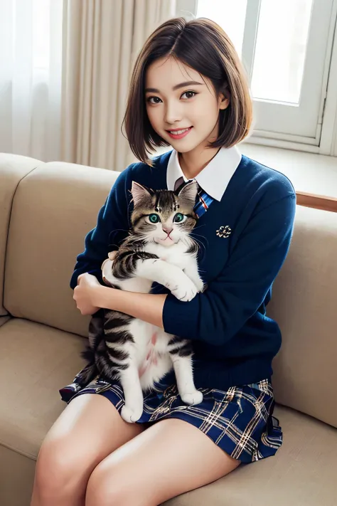 1womanl、(beauitful face:1.4)、(Sitting on the sofa at home and holding a cute cat:1.5)、Smiling、(Cute American shorthair with blue eyes)、(White Persian cat)、(high-school uniform)、(Plaid mini skirt)、brown haired、(bare-legged)