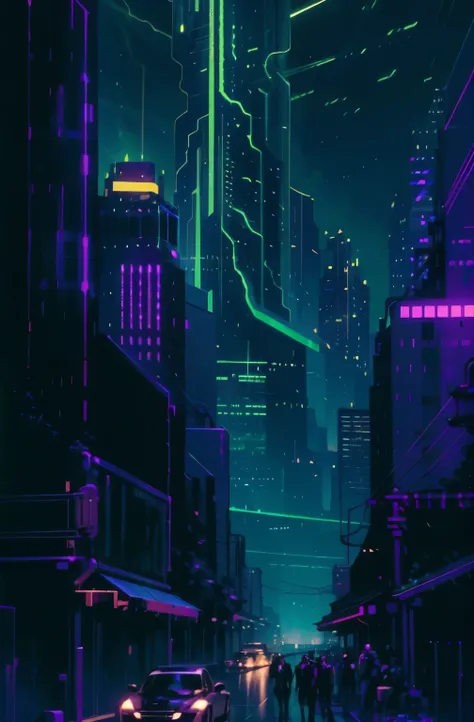 Cyberpunk street scene with towering skyscrapers, glowing neon signs and LED lights, traffic with futuristic cyberpunk cars and ((flying cars in the sky)), gloomy atmosphere, cinematic lighting, extremely detailed. Wide sidewalk near a huge thoroughfare. L...