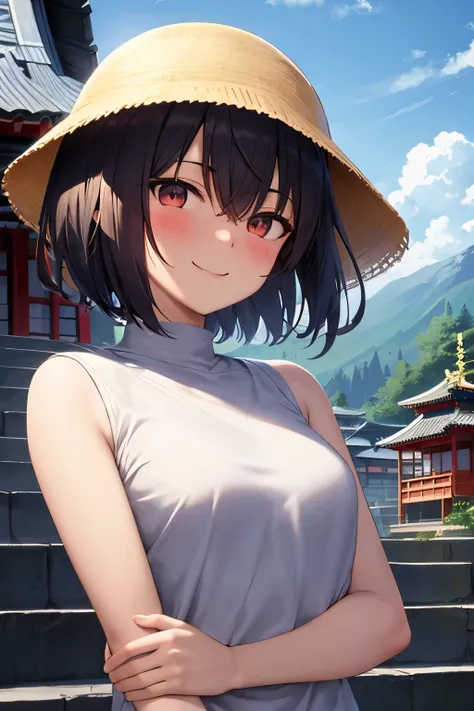 raidenshogundef, upper body, smile, blush, outdoors, day, background, blue sky, short hair, sky, temple, looking at viewer, stairs, mountain, moody lighting, facing viewer,