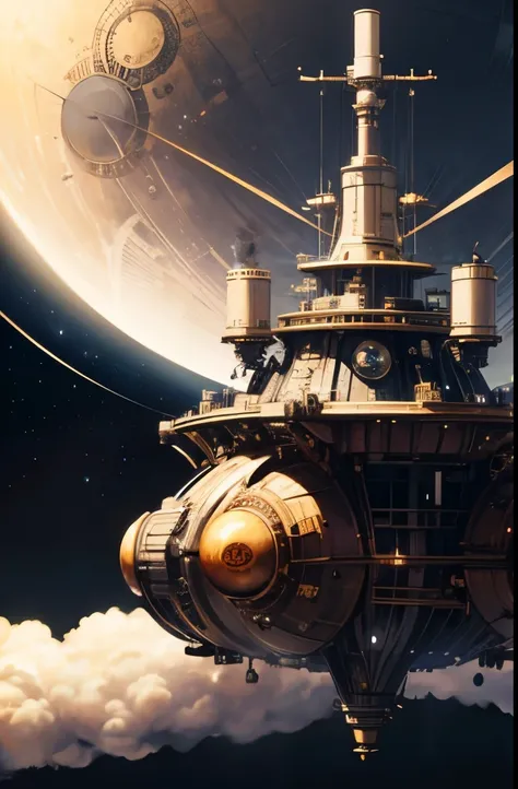 Steam-punk style spaceship. Detailed, realistic. Side view against the background of outer space. Rotors, turbines, smokestacks, photon sail.