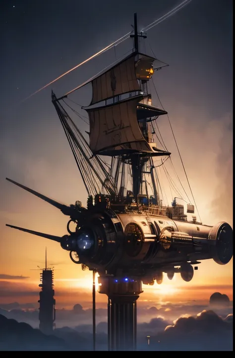 Steam-punk style spaceship. Detailed, realistic. Side view against the background of outer space. Rotors, turbines, smokestacks, photon sail.