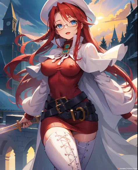 summonnightaty, aty, long hair, blue eyes, red hair, beret, hat, glasses,
BREAK long hair, thighhighs, hat, dress, boots, glasses, belt, cape, sweater, zettai ryouiki, beret, thigh boots, white footwear, ribbed sweater, loose belt,solo,
BREAK outdoors, fan...