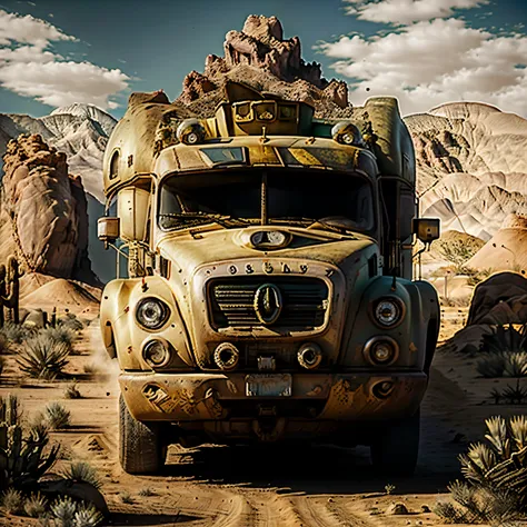 A huge dump truck is rushing through the desert. In the back of the truck is a mountain of gold and glittering gems