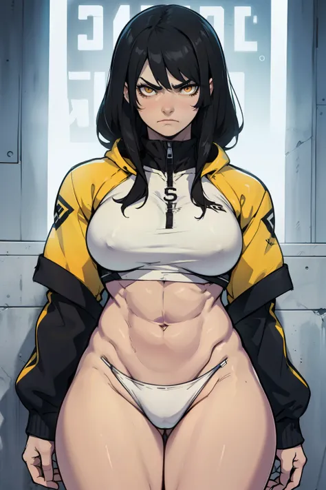 muscular girl thick breasts black hair yellow eyes pale best quality sad frown muscular girl thick breasts muscular girl thick breasts