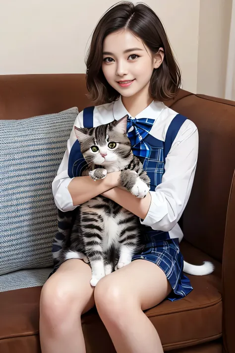 1womanl、(beauitful face)、(Sitting on the sofa at home and holding a cute cat:1.5)、Smiling、(Cute American shorthair with blue eyes)、(White Persian cat)、(high-school uniform)、(Plaid mini skirt)、brown haired、(bare-legged)