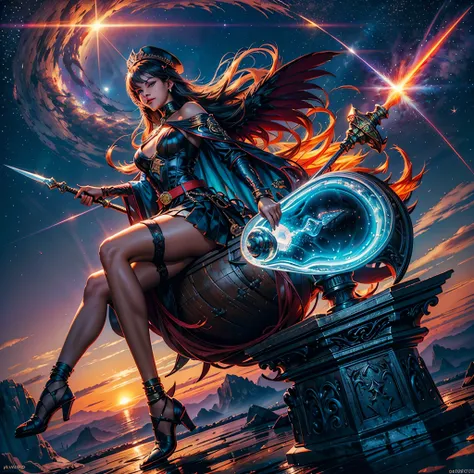 Galaxy nebulae stars nebula sunset spacious sunrise panoramic sunshine masterpiece red dragon sitting on a massive rock deep path equirectangular_360 Lava, holding a hammer (strike hot anvil from a hammer: 1.5) (best details, Masterpiece, best quality :1.5...