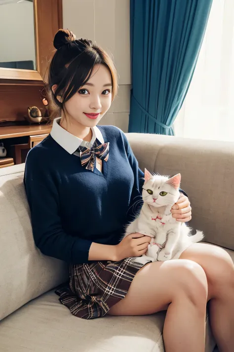 1womanl、(Sitting on the sofa at home and holding a cute cat:1.5)、Smiling、(Cute American shorthair with blue eyes)、(White Persian cat)、(high-school uniform)、(Plaid mini skirt)、brown haired、(bare-legged)