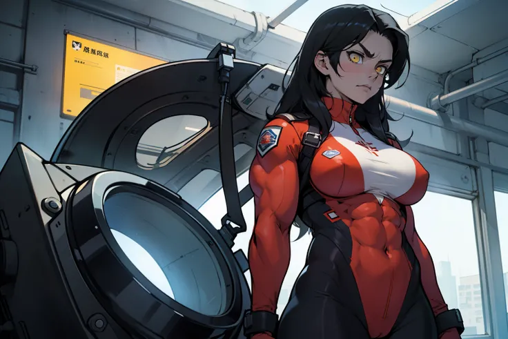 angry girl pale skin (((((muscular girl))))) (((thick))) (((large breasts))) pilot suit bodysuit black hair yellow eyes very long hair very long hair very long hair solo solo solo