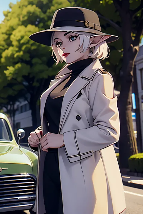 master part, pale skin, red lips, olhos verdes, sombra, Front shot of a beautiful elf woman with white hair standing in the street holding a Thompson M1928A1 drum, Behind her, um Cadillac Town Sedan de 1928 deixou verde, She wears a mafia suit with the col...