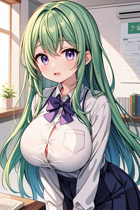 Green hair, purple eyes, wavy hair, school uniform, huge breasts