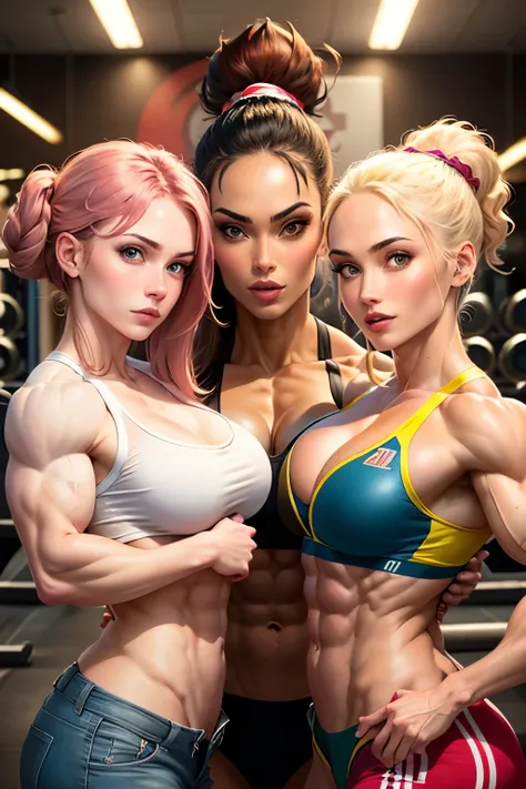 (4 girls body builders:1.6), ((masterpiece)), best quality, ultra-detailed:1.7, finely detail, high resolution:1.6, perfect dynamic composition, beautiful detailed faces:1.77, blonde babes:1.88, well makeup:1.5, short denim pants , medium breasts:1.4, love...