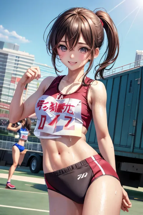 Anime loli in sportswear poses on a truck,clear abdominal movement, athletic body, A seductive anime girl, Smooth Anime CG Art, cute sportswear, 詳細なdigital anime art, Sporty, charming anime girls, realistic anime 3 d style, photorealistic animeの女の子レンダリング, ...