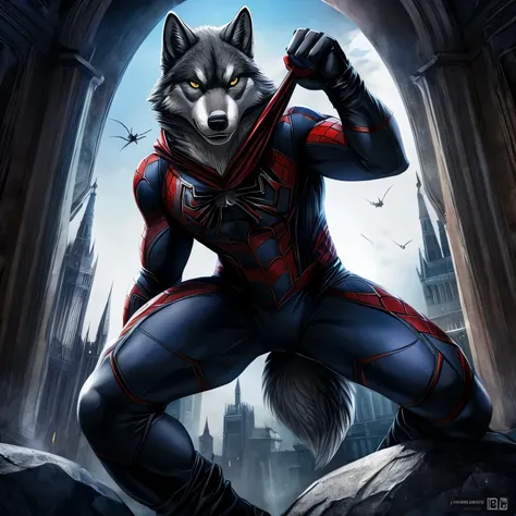 Marvel frame Make a furry gray wolf using an all-gray Spider-Man costume and gothic black details