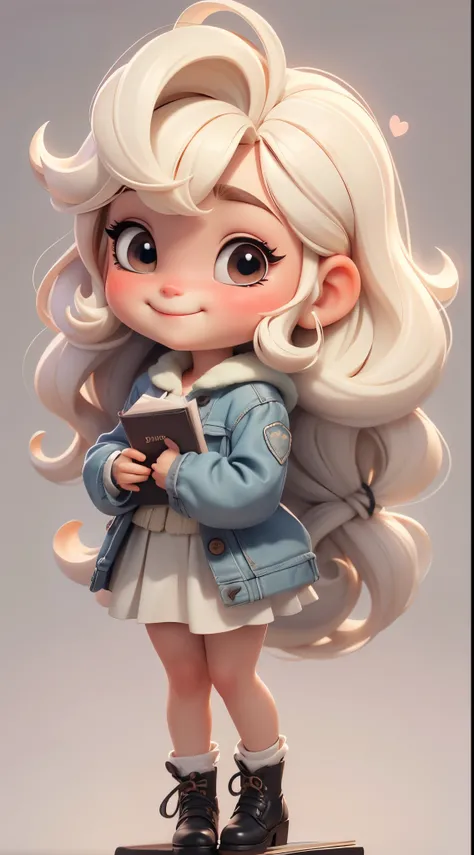 Create a series of cute blonde chibi baby dolls in student theme, each with lots of detail and in an 8K resolution. All dolls should follow the same light solid background pattern and be complete in the image, mostrando o corpo inteiro, incluindo as pernas...