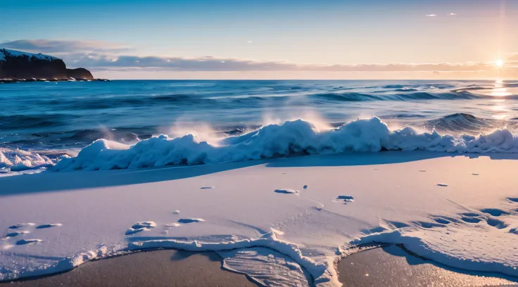 snowy coast ,quiet calm in the ocean, snowy sandy beach at dawn, A lot of snow , Clear Focus, Good focus, High texture detail, Hyper-realistic visuals,8K, f/45mm, Ultra HD 8K