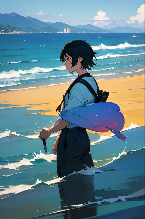 A beautiful ocean, vast sky, mountains in the background , golden ratio, fake detail, trending pixiv fanbox, acrylic palette knife, style of makoto shinkai studio ghibli genshin impact james gilleard greg rutkowski chiho aoshima