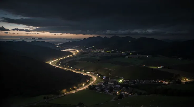 Ultra-realistic, seen from above, night villages scene seen from above mountains in a gloomy atmosphere