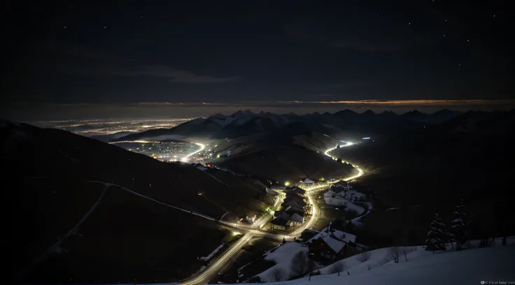 Ultra-realistic, seen from above, night villages scene seen from above mountains in a gloomy atmosphere