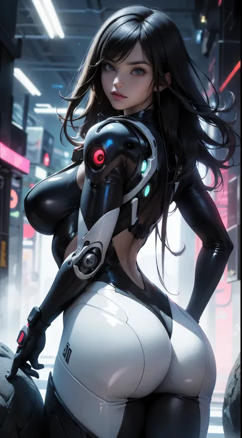 (La mejor calidad,A high resolution,Ultra - detallado,actual), cyberpunked、large buttockss、arrodillarse、Electronic visor attached to the face of a 12-year-old girl with emphasis on the buttocks、(Red latex body),(Moda cyberpunk:1 4)、Pose sexy、(Usar polainas...