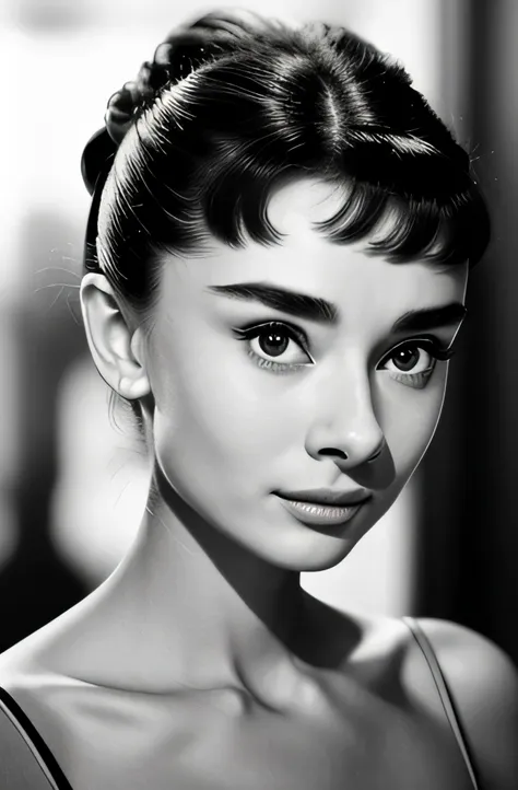 ((black an white filter)), audreyhepburn, focus on eyes, close up on face,  short black hair styled cascading curls bun, portrai...