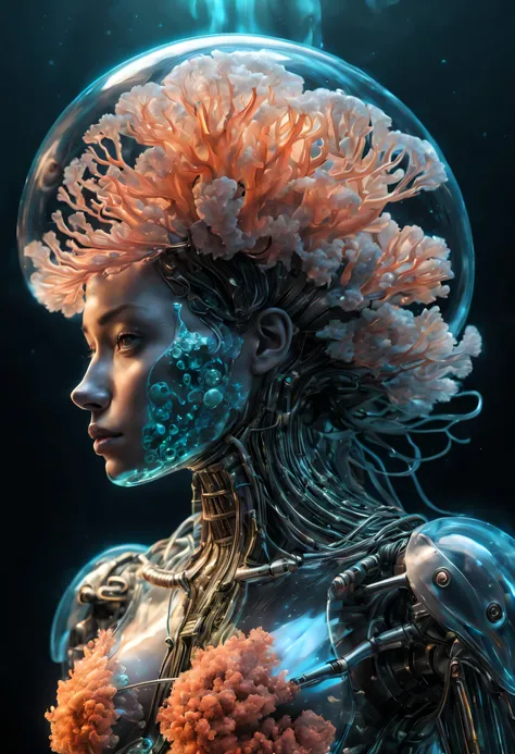 anatomically correct a biomechanical cyborg made of coral reef vidrio, transparente body, Piel bioluminiscente, vidrio humo texture, vidrio, fondo suave brillante, brillar, Subsoil Scatter, transparente, resplandecer, humo, medusa, coral, Bioluminescent li...