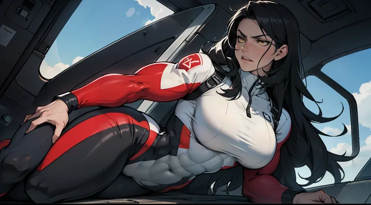 angry girl pale skin (((((muscular girl))))) (((thick))) (((large breasts))) pilot suit bodysuit black hair yellow eyes very long hair very long hair very long hair solo solo solo