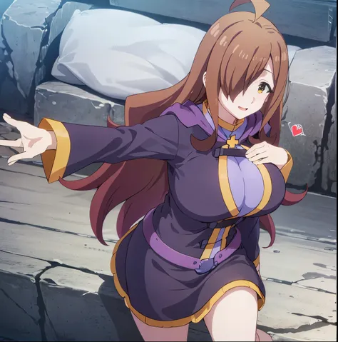 masterpiece, best quality, highres,1girl , alone 
,wiz, long hair, ahoge, hair over one eye, brown hair, large breasts, cleavage, , (spoken hearts:1.2),sweat,(deep breathe:1.2), (on bed:1), steam ,(presenting:1.5), looking at viewer ,disheveled hair,(moonl...