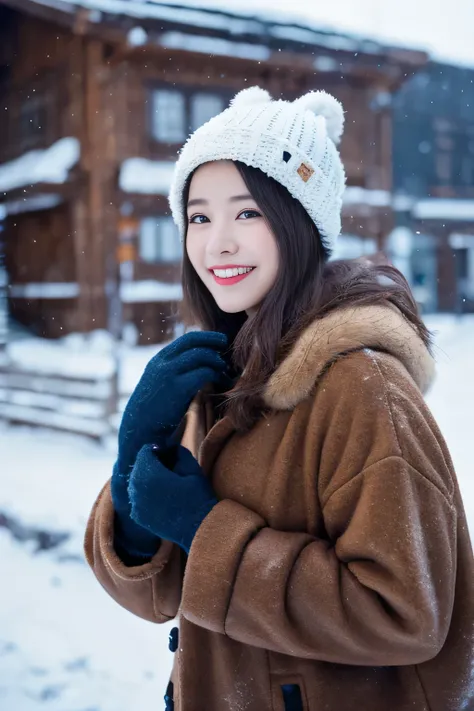 (Best Quality,8K,High resolution:1.2),(beautifulRealistic.6)、(Cute little girl s:1.4),(Choppy.25),(Glamorous body),(fur-coat,gloves,Yarn hat、long boots)、21years old、Professional、(My beloved woman#39;joy ang、Heartbeat in the chest)、Happy、kou、snowflakes fall...