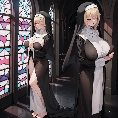 solo 1 praying num standing in church, praying with holding hands together over chest, very thin, long (black sheer nuns robe:1.3), wearing nothing under (black robe:1.3), (huge breasts:1.2), black (sheer long skirt:1.1), inconceivably thin waist, closing ...