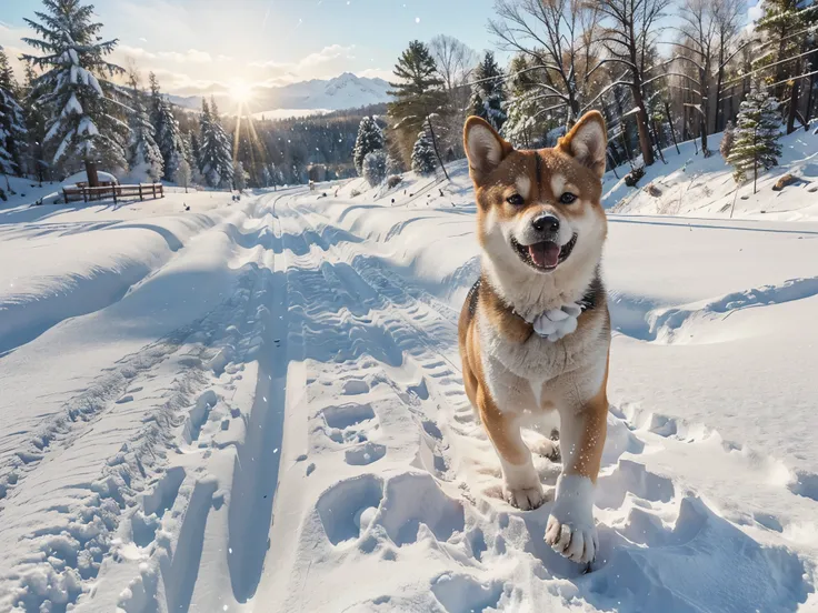 lively Shiba Inu frolicking in the snow, surrounded by winter scenery. Convey a sense of joy and playfulness in a snowy landscape. ultra high res, 8K, HD, Masterpiece. No people in art