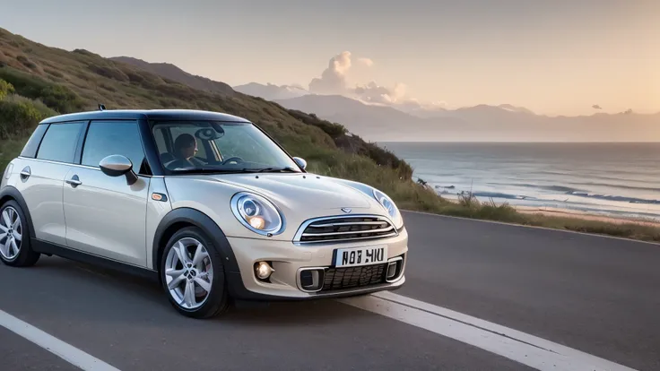 Cooper mini on national road with sea view, evening, photo style, --auto --s2