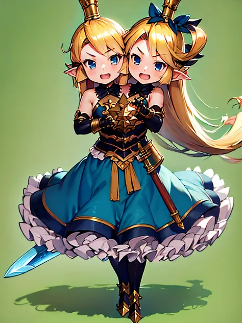 (gbfcharlotta), (2heads:1.7), (loli:1.3), blue dress, armor, gauntles, diadems, (crown), blonde hair, best quality, (masterpiece), (high resolution), >:D, grassy plains, beautiful background, dynamic pose, holding a sword, full body, white tights