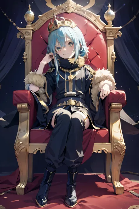 rimuru sitting on a golden throne with red cushioning, wearing a demon lord outfit, smiling, in a lavish throne room, perfect be...