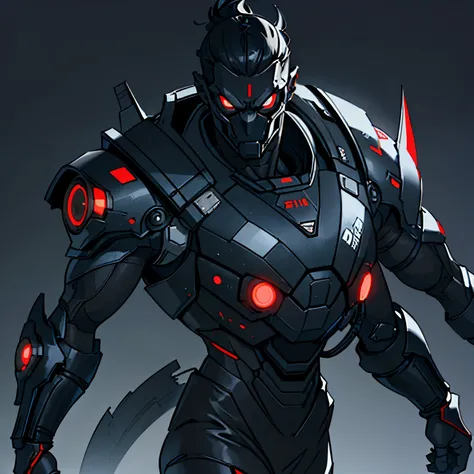 Enemy 30 years old, ugly, black hair. (He wear a futuristic mask 1.5), He wear a futuristic suit, (evil 1.5), (Simple background), plano medio