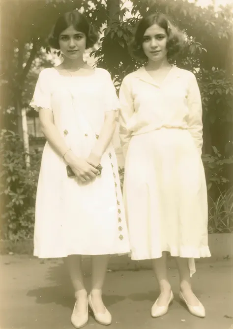 duas mulheres em vestidos brancos uma ao lado da outra, unknown location, Imagem dos anos 1920, taken in the early 1920s, taken in the early 1930s, 1 9 2 0 s monochrome snapshot, early 20s, duas mulheres, imagem antiga, Fotografia dos anos 1920, 1 9 2 0 s ...