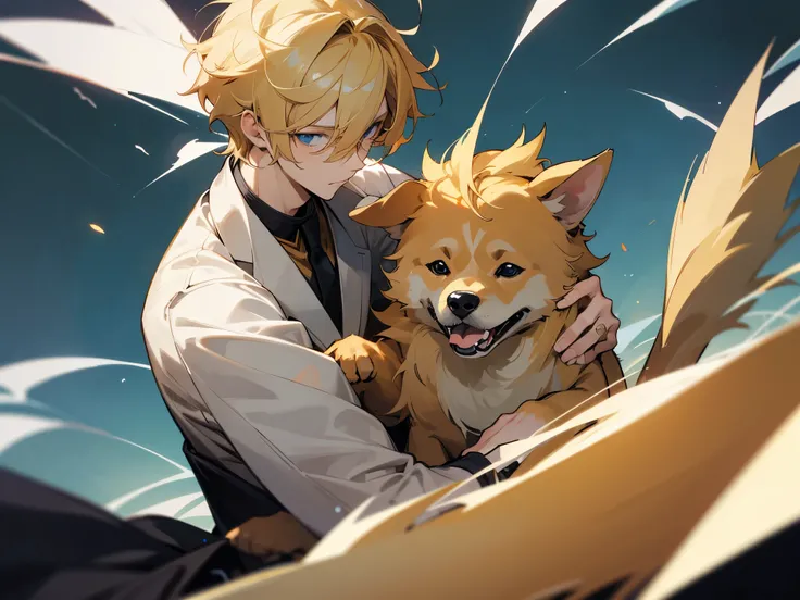 One handsome anime guy with blonde hair, companion dog, Ultra res, masterpiece, HD, 8K