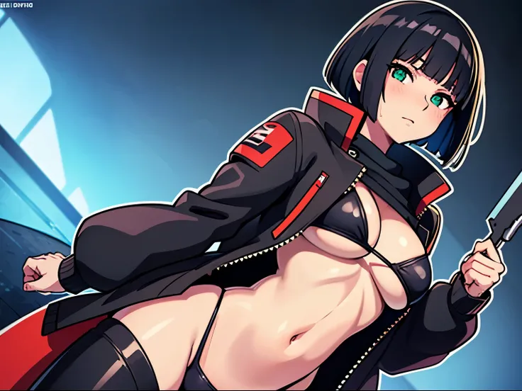 Cyberpunk themed sexy anime girl, shes wearing a black jacket with a black bra underneath, she has a perfect body, her eyes are green, her hair is green and black, she is holding her hair as well, and she is short bob cut hair