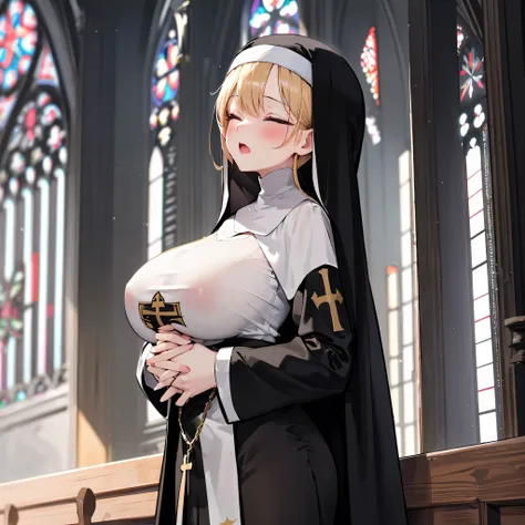 solo 1 praying num standing in church, praying with holding hands together over chest, very thin, long (black sheer nuns robe:1.3), wearing nothing under (black robe:1.3), (huge breasts:1.2), (black sheer long skirt:1.2), inconceivably thin waist, closing ...