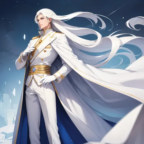 A tall man who looks like a prince with long white hair without bangs and light blue eyes is dressed in royal white clothes. He has long legs and white gloves. Should wear diamonds and other jewelry. Should look superior and cold.