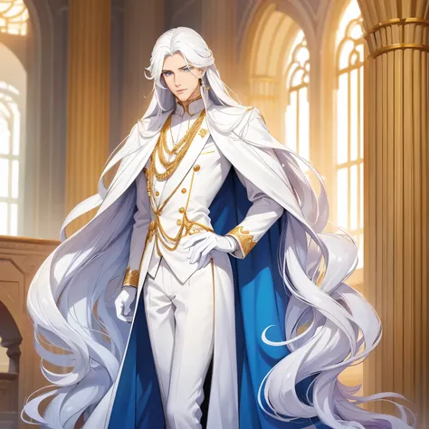 A tall man who looks like a prince with long white hair and light blue eyes is dressed in royal white clothes. He has long legs and white gloves. He is wearing diamonds and other jewelry.