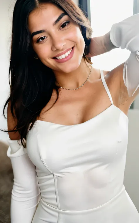 photorealistic, sharp focus, raw photo,  photo, beautiful 20 y.o latina-spanish girl, , detailed skin poreace texture, pores, (goosebumbs:0.7), photorealistic, beautiful 20 y.o latina-spanish girl, mirror selfie, wearing white elegant dress, short shoulder...