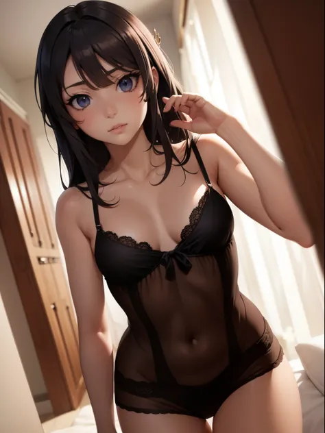 2d, Arte de boceto, Una mujer de anime, triste, cabello negro, tetona, small breasts, escote, Pov, cerrar, nightie, (ojos detallados, hermoso cuarto de ojos