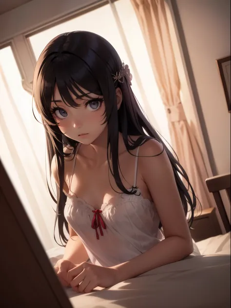 2d, Arte de boceto, Una mujer de anime, triste, cabello negro, tetona, small breasts, escote, Pov, cerrar, nightie, (ojos detallados, hermoso cuarto de ojos