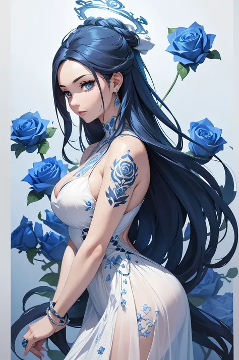 Strikingly Beautiful Woman on a sticker, straight neck, wearing a white and blue long flowing swirling gaussian dress, blue rose back tattoos, full portrait shot, looking straight at camera, facing camera, halo of blue and white roses floating above head, ...