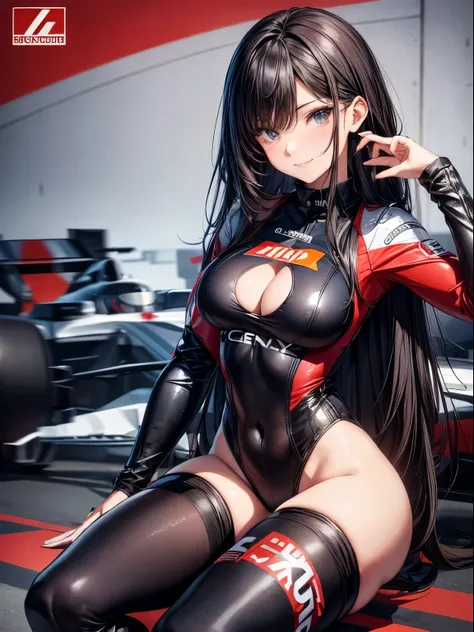 top-quality、Full limbs、complete fingers、((one beautiful women))、Beautiful busty woman、Women with straight hair、Woman with dark hair、A big smile、Race Queen Costume、Woman wearing red and black leotard with logo、Red Arm Cover、A woman wearing long black boots、...