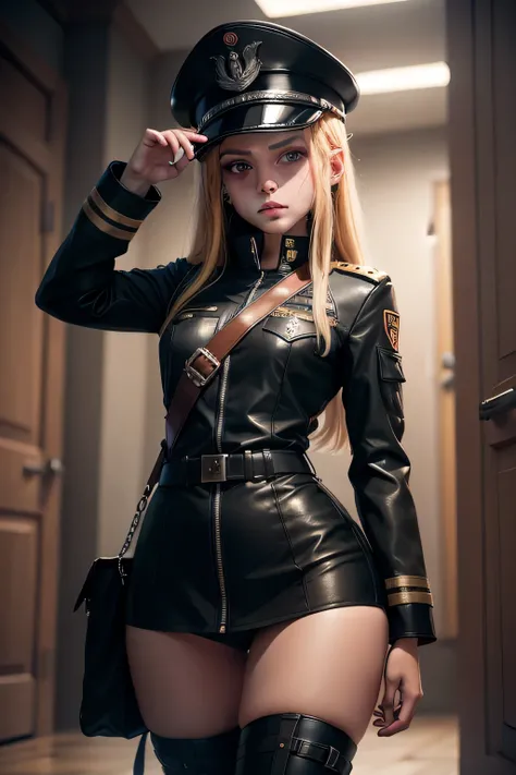 wearing a nazi black leather uniform,commander,  military hat,, The whole body consists of a young girl with messy light blonde hair, eye makeup, 11yo, Cat ears, Soft lighting, Solo, Wearing a shabby, dirty, ragged futuristic military uniform, Cats paw bad...