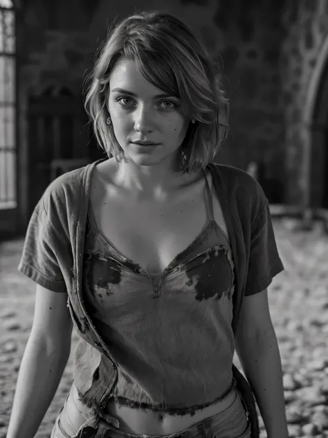 Photorealistic, Masterpiece photo in shades of gray, woman with disheveled hair and bad torn clothes, Cute sexy, (detailed medieval background), ultra sharp focus, Detailed Face, (((Posing))),  Random hair color, Short hair, Beautiful eyes, full - body, hi...