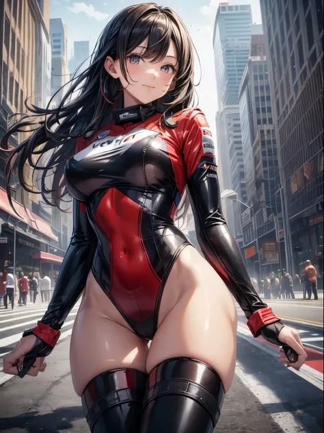 top-quality、Full limbs、complete fingers、((one beautiful women))、Beautiful busty woman、Women with straight hair、Woman with dark hair、A big smile、Race Queen Costume、Woman wearing red and black leotard with logo、Red Arm Cover、A woman wearing long black boots、...